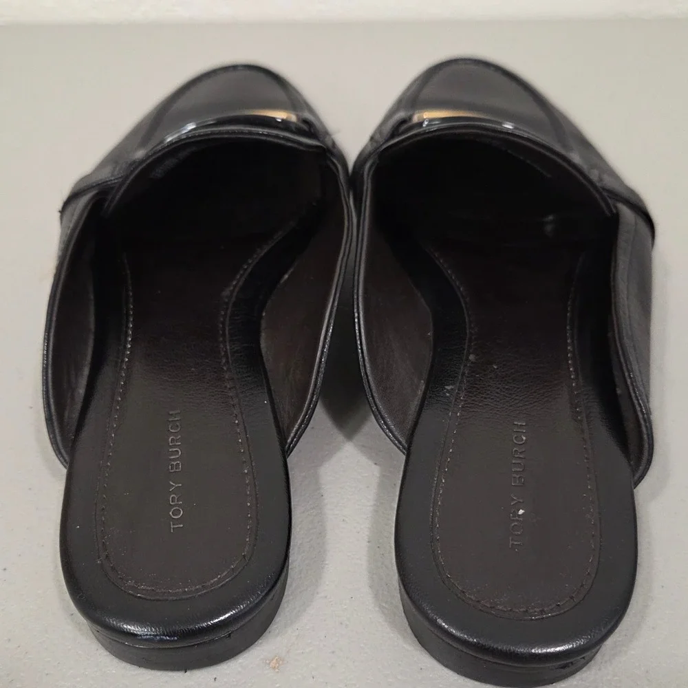 Tory Burch Georgia Backless Loafer Mule 8M Black Leather Gold Buckle Flat Chic